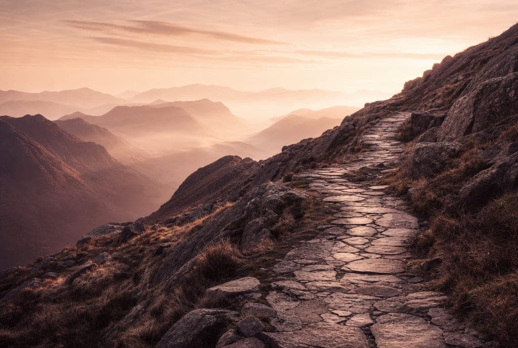 A stone footpath winding up a rocky mountain at first light