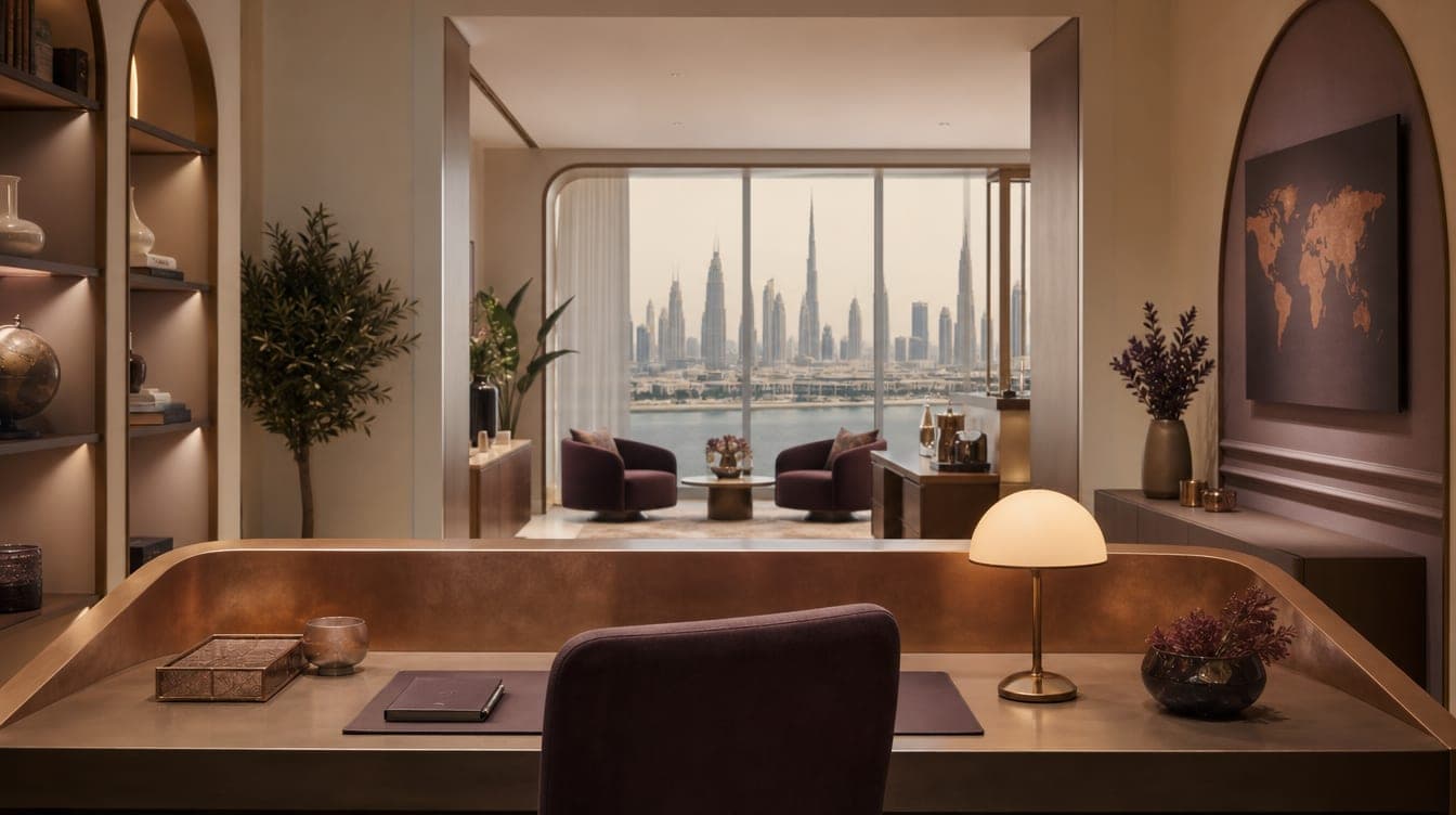 A quiet, tidy travel office reception with a copper-toned counter